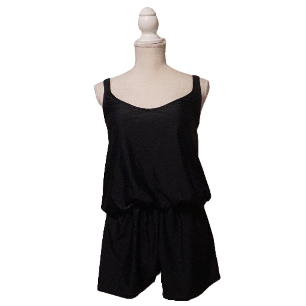 Ellen Tracy Black One Piece Swim Romper Elastic Waist Women’s Size 8